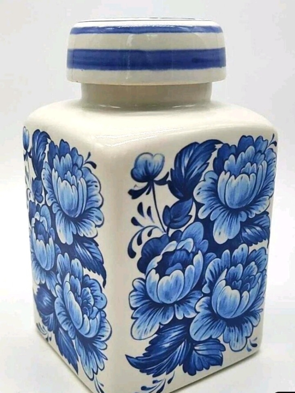 Estee Lauder White and Blue Floral Ceramic Jar Vintage